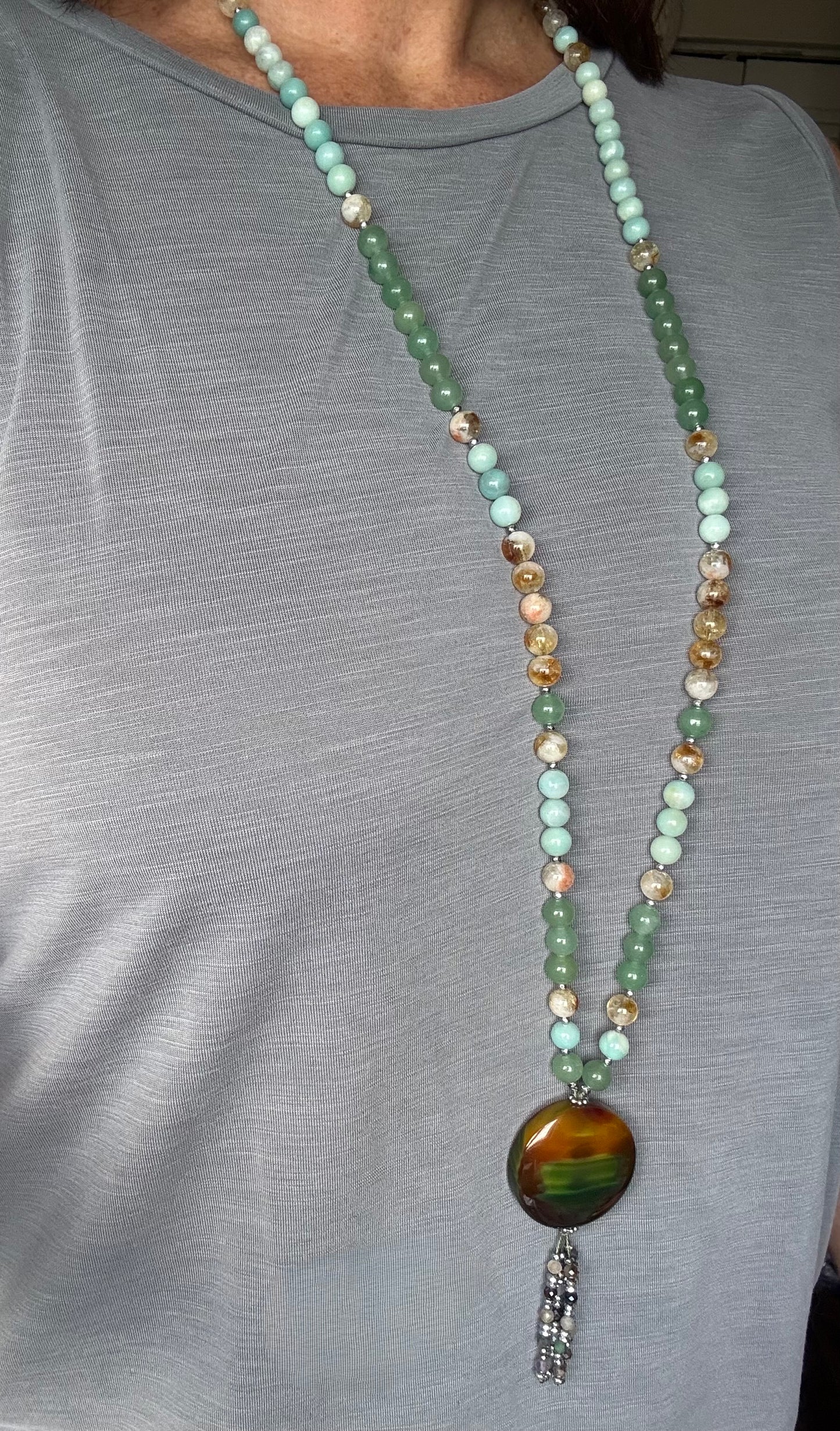 Japa Mala de 108 cuentas de Aventurina Verde, amazonita y Citrino