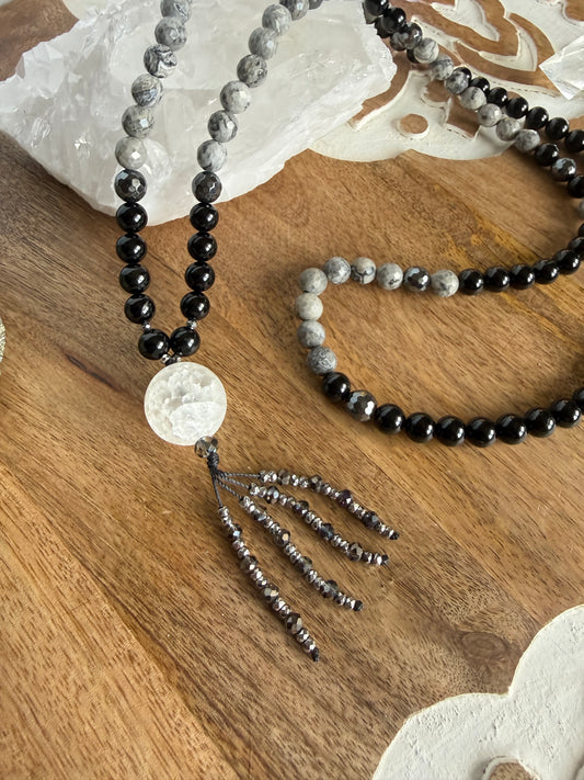 Japa Mala de 108 cuentas, Turmalina Negra, Ágata de encaje plateado y Hematite