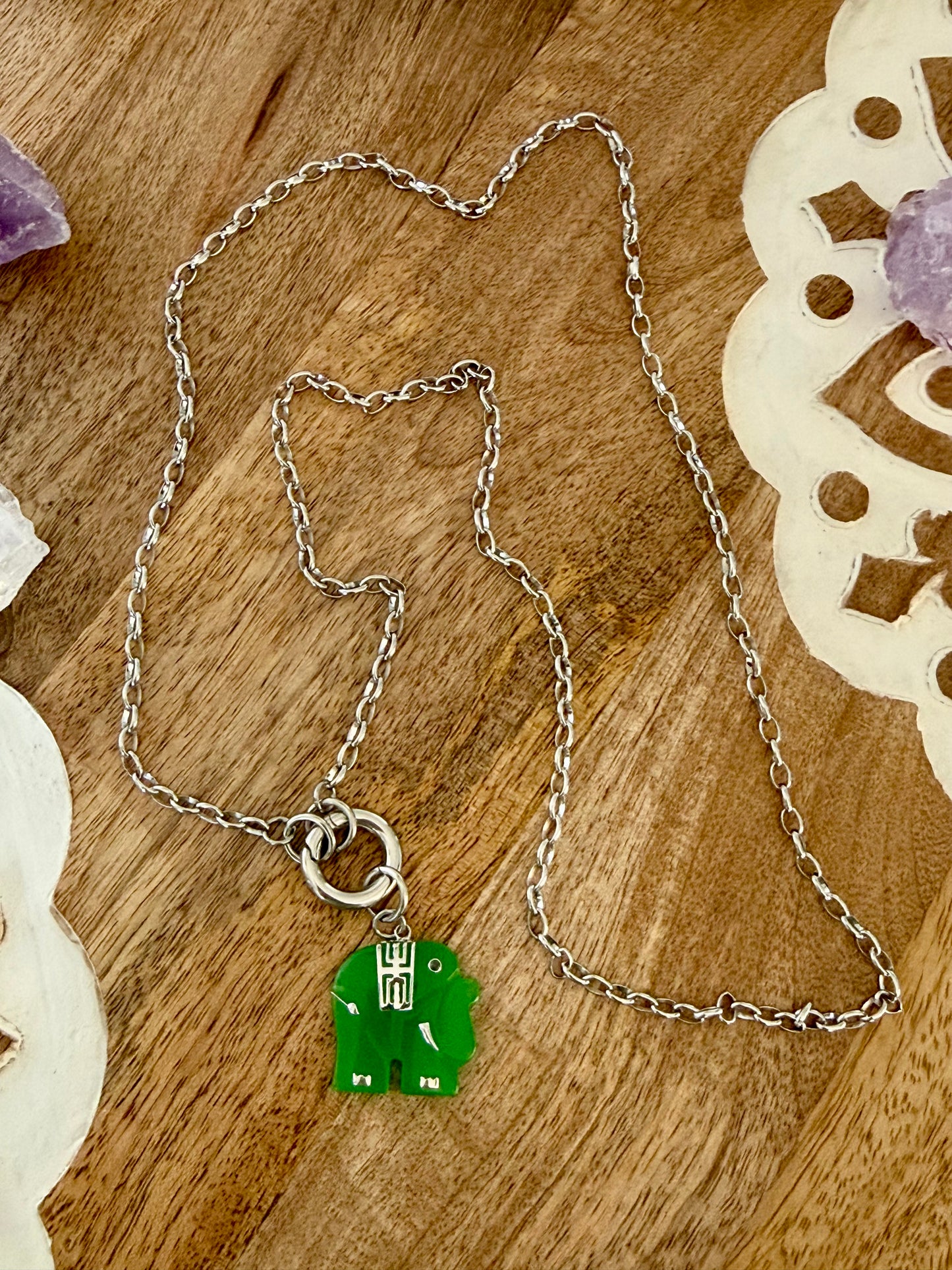 Collar largo de Acero Inoxidable con colgante de Elefante de Jade y plata 925