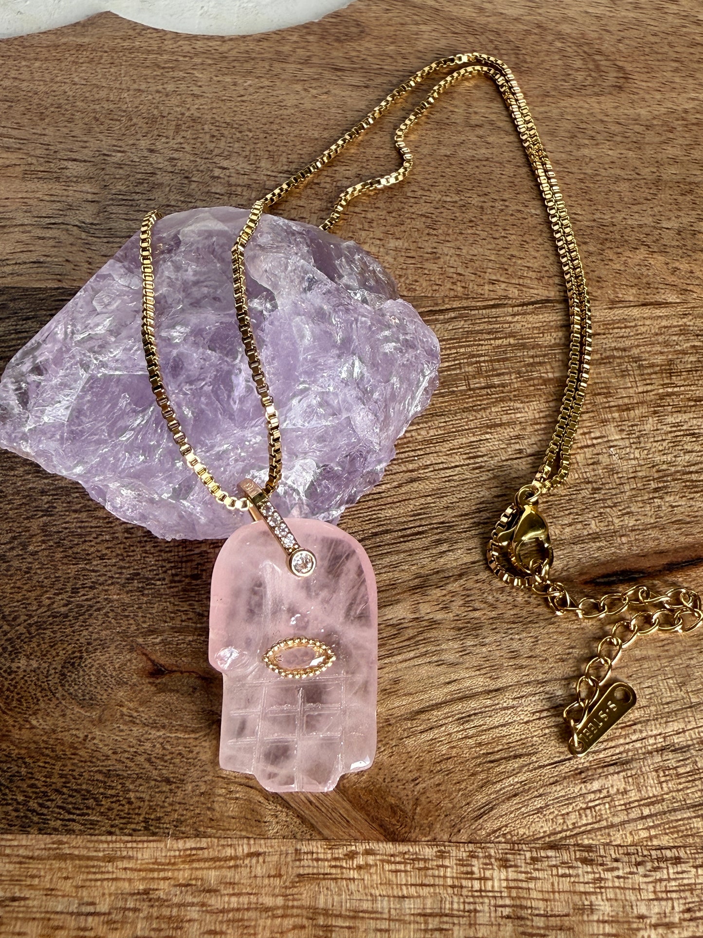 Rose quartz Hamsa Hand Necklace