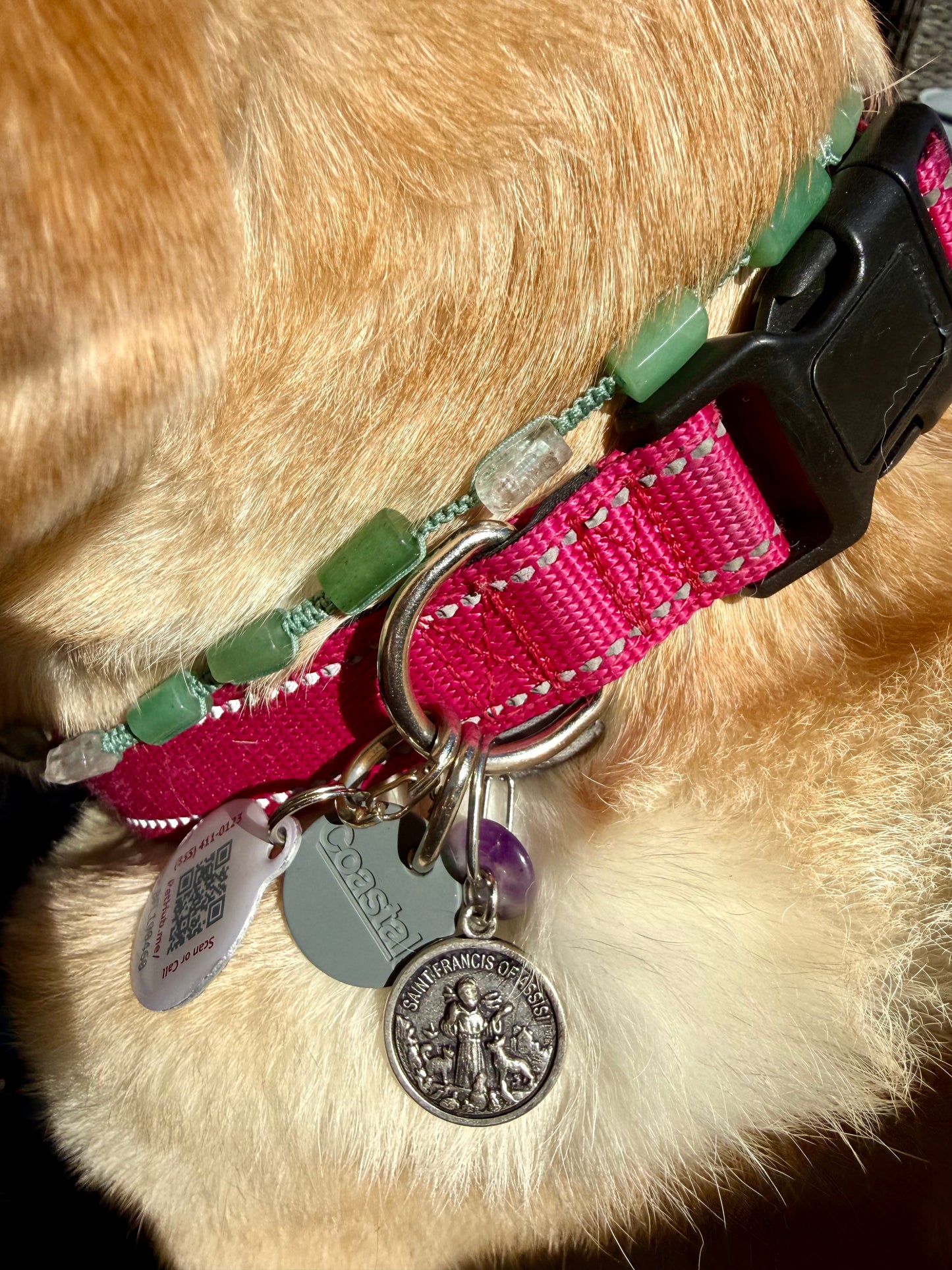 Charm para mascotas con la medalla de San Francisco de Asis y Rondelles de amatista o Aventurina Verde