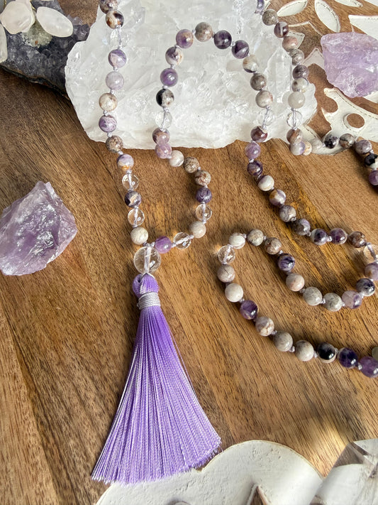 Japa Mala 108 cuentas de Amatista Chevron ( anudada )