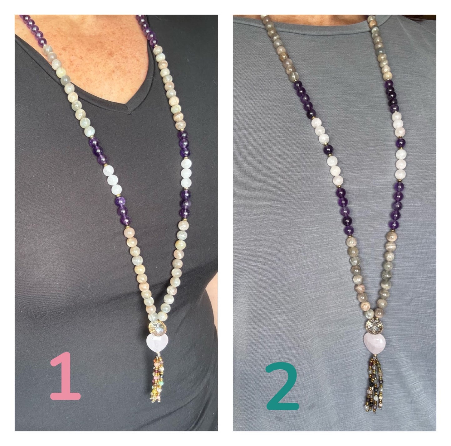 Japa Mala de 108 cuentas, de Amatista, Piedra Luna ( Moonstone ) y Cuarzo Rosado