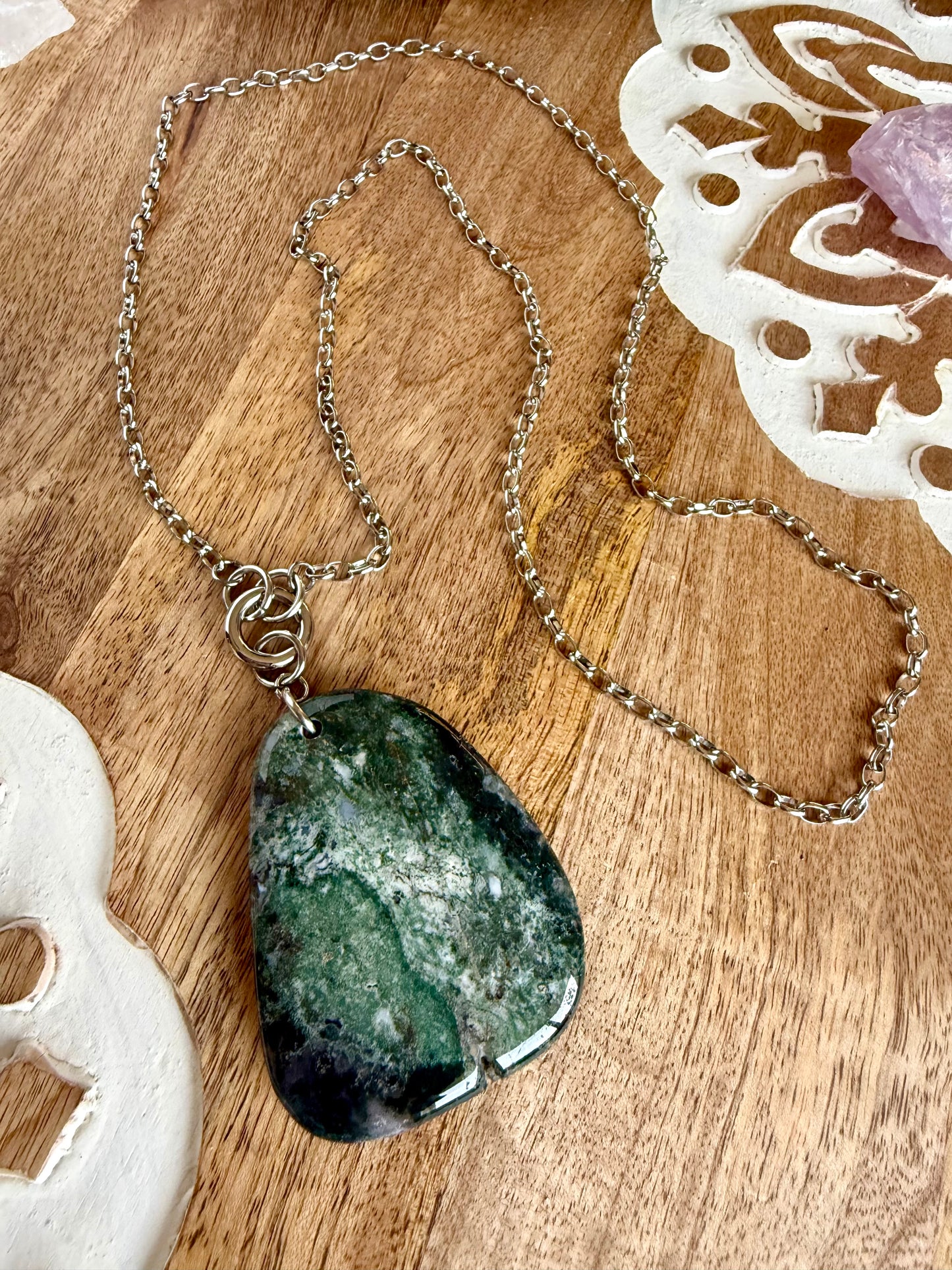 Collar de Acero inoxidable y colgante de Piedra Àgata de Musgo