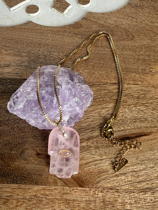 Rose quartz Hamsa Hand Necklace