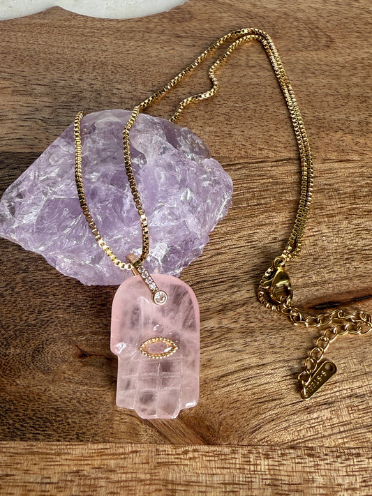 Rose quartz Hamsa Hand Necklace